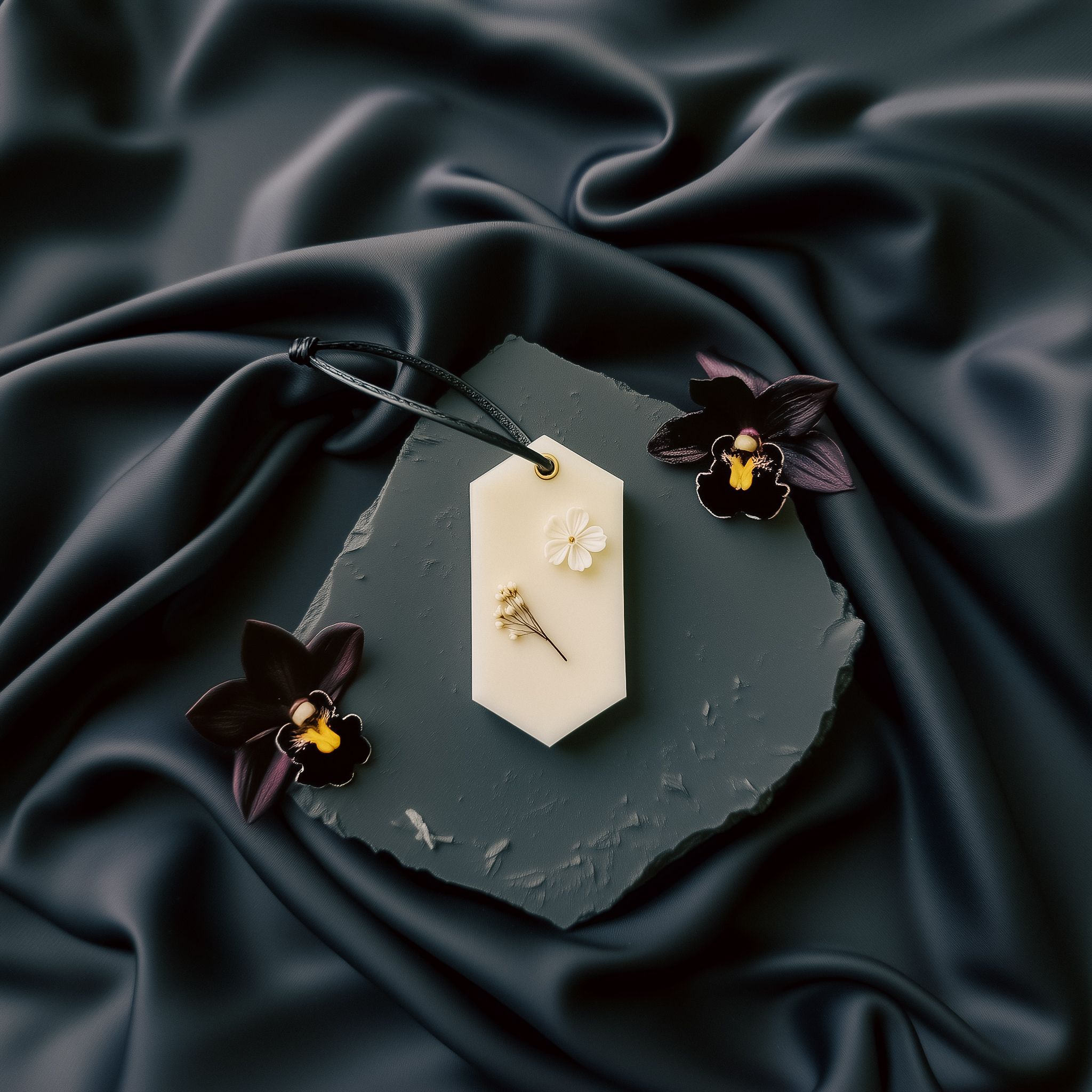 Odorizant de interior Black Orchid - Silk Nuit, made in Romania. Parfum sofisticat cu orhidee neagră, iasomie, flori albe, vanilie și lemn de santal, ideal pentru un ambient elegant și rafinat.
